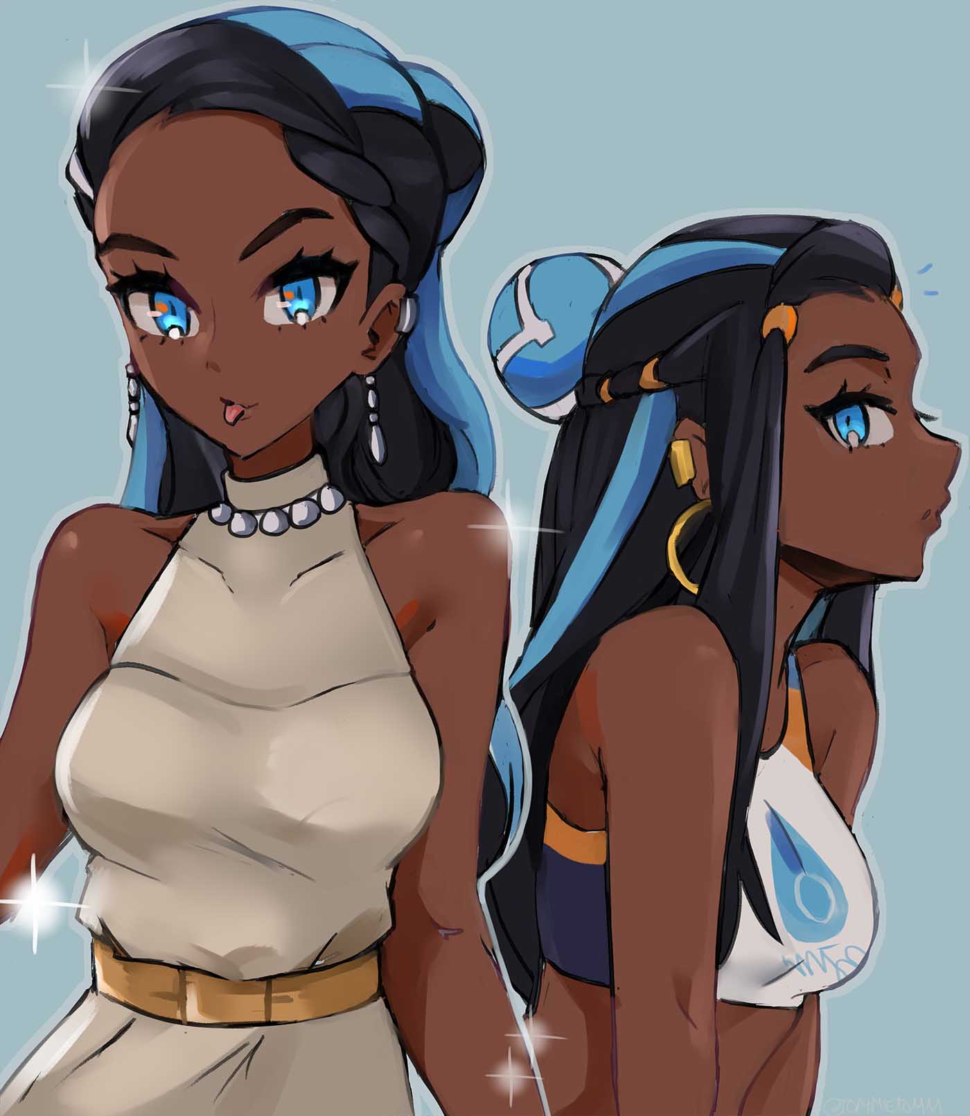 1girl, blue_background, blue_eyes, blue_hair, breasts, dark_blue_hair, dark_skin, dress