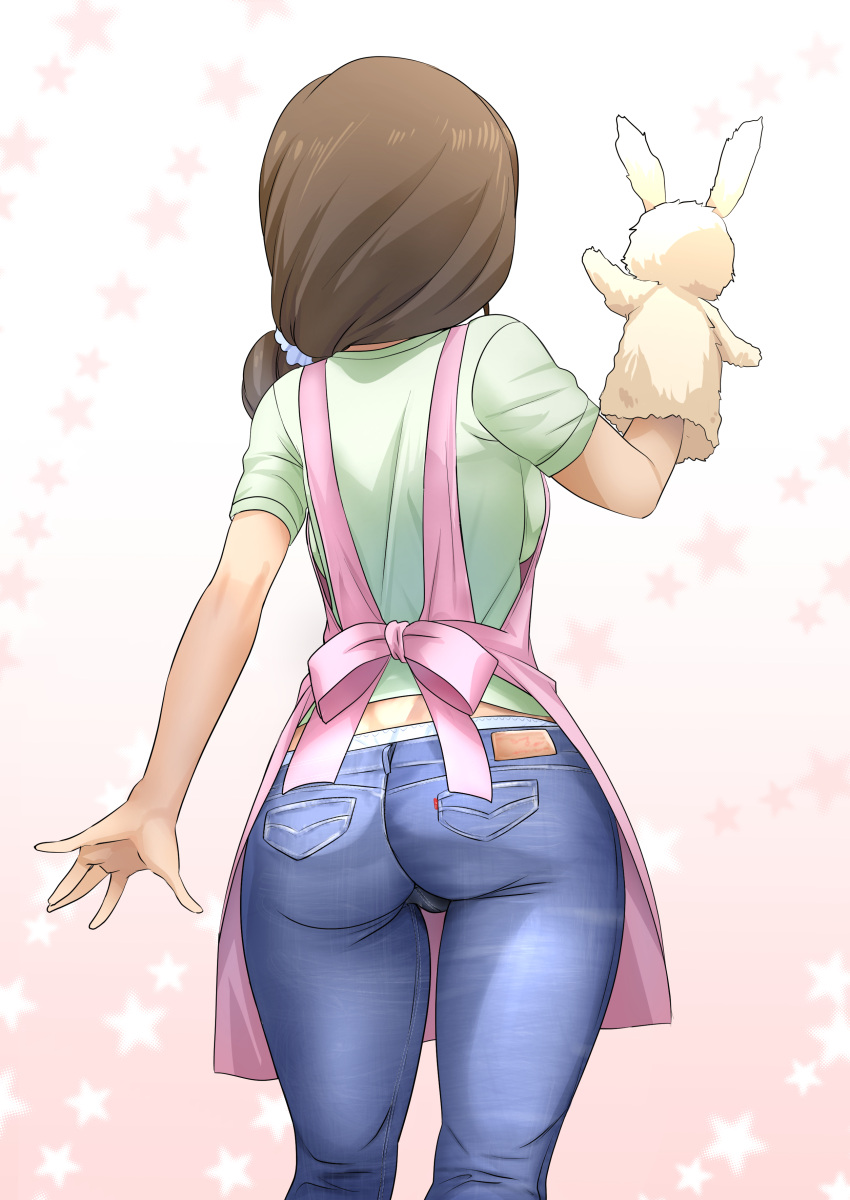 1girl, absurdres, apron, arm_up, ass, brown_hair, commentary_request, denim