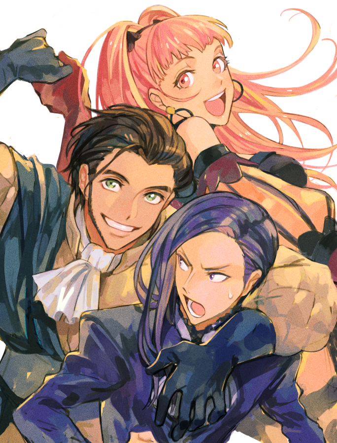 1girl, 2boys, arm_around_shoulder, ascot, bangs, beard, black_gloves, breasts
