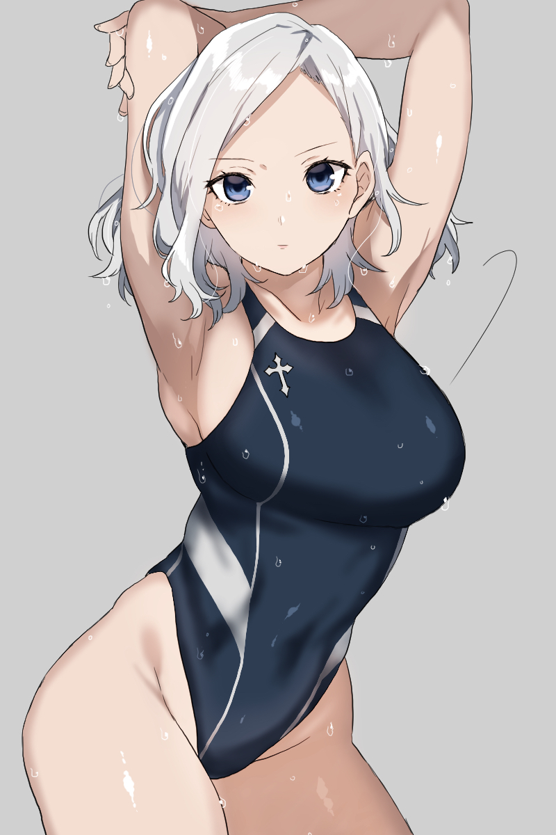 1girl, armpits, arms_behind_head, blue_eyes, breasts, competition_swimsuit, curly_hair, groin