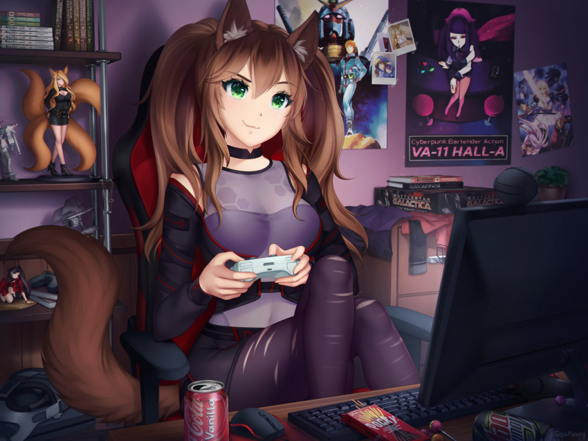1girl, animal_ears, battlestar_galactica, breasts, candy, chair, coca-cola, collar