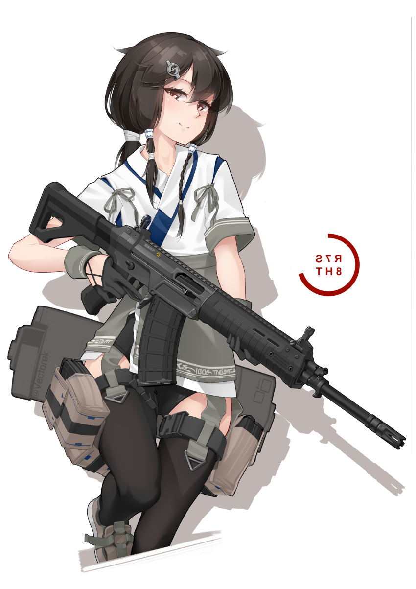 1girl, absurdres, assault_rifle, black_hair, chinese_text, gloves, gun, gun_case