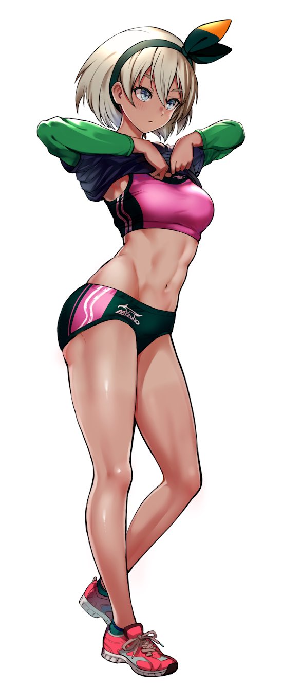 1girl, abs, bloomers, blush, breasts, grey_hair, groin, highres, navel, pokemon, pokemon_(game), pokemon_swsh, puca-rasu, saitou_(pokemon), shirt_lift, shoes, small_breasts, sneakers, solo, sports_bra, tan, underwear, white_background