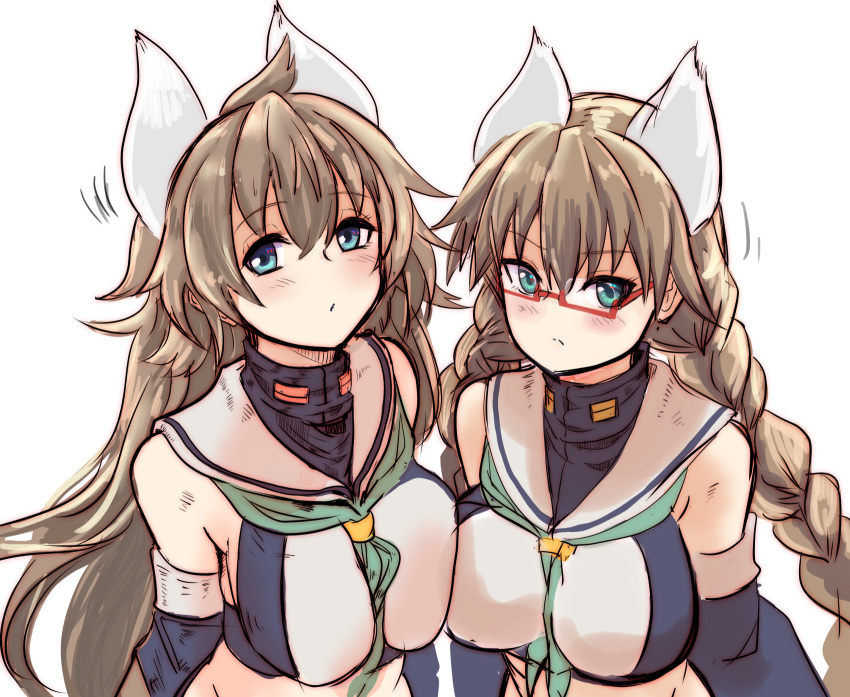 2girls, animal_ears, azur_lane, bangs, between_breasts, blue_eyes, blush, braid