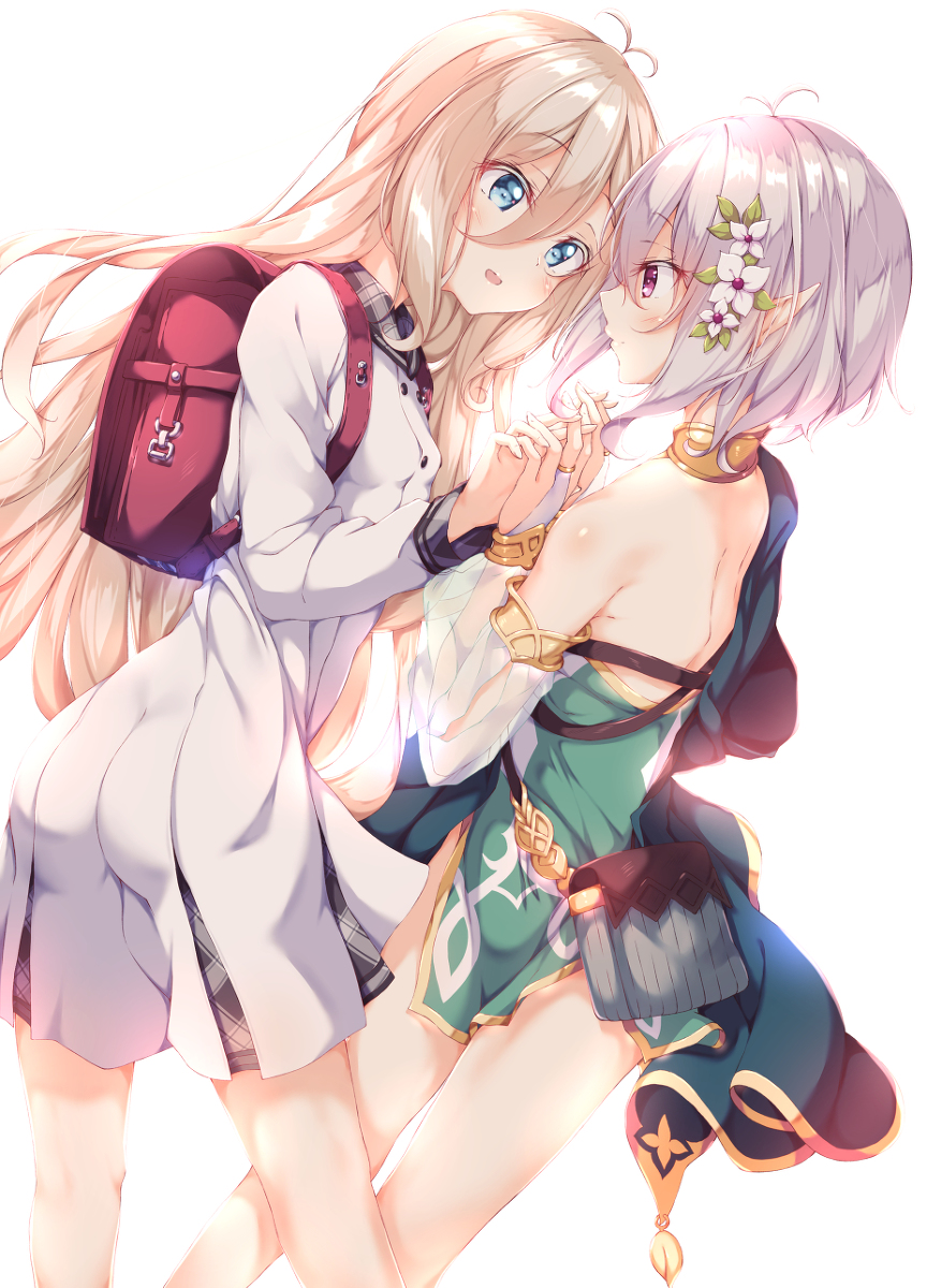 antenna_hair, armlet, ass, backpack, bag, bare_shoulders, blonde_hair, blue_eyes, bracelet, bridal_gauntlets, dress, dual_persona, eye_contact, eyebrows_visible_through_hair, flower, green_dress, hair_between_eyes, hair_flower, hair_ornament, highres, holding_hands, interlocked_fingers, jewelry, kokkoro_(princess_connect!), long_hair, long_sleeves, looking_at_another, natsume_kokkoro_(princess_connect!), neck_ring, numpopo, pleated_dress, pointy_ears, pouch, princess_connect!, princess_connect!_re:dive, randoseru, short_hair, silver_hair, smile, very_long_hair, violet_eyes, white_dress