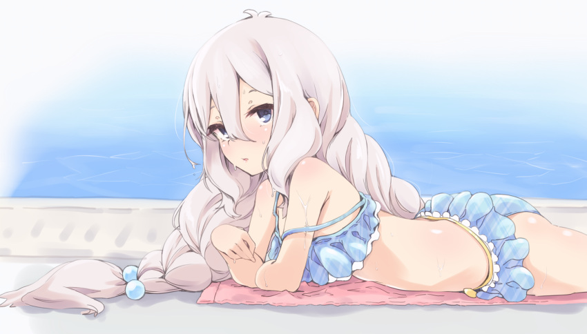 1girl, ass, bikini, blue_bikini, blue_eyes, braid, frilled_bikini, frills