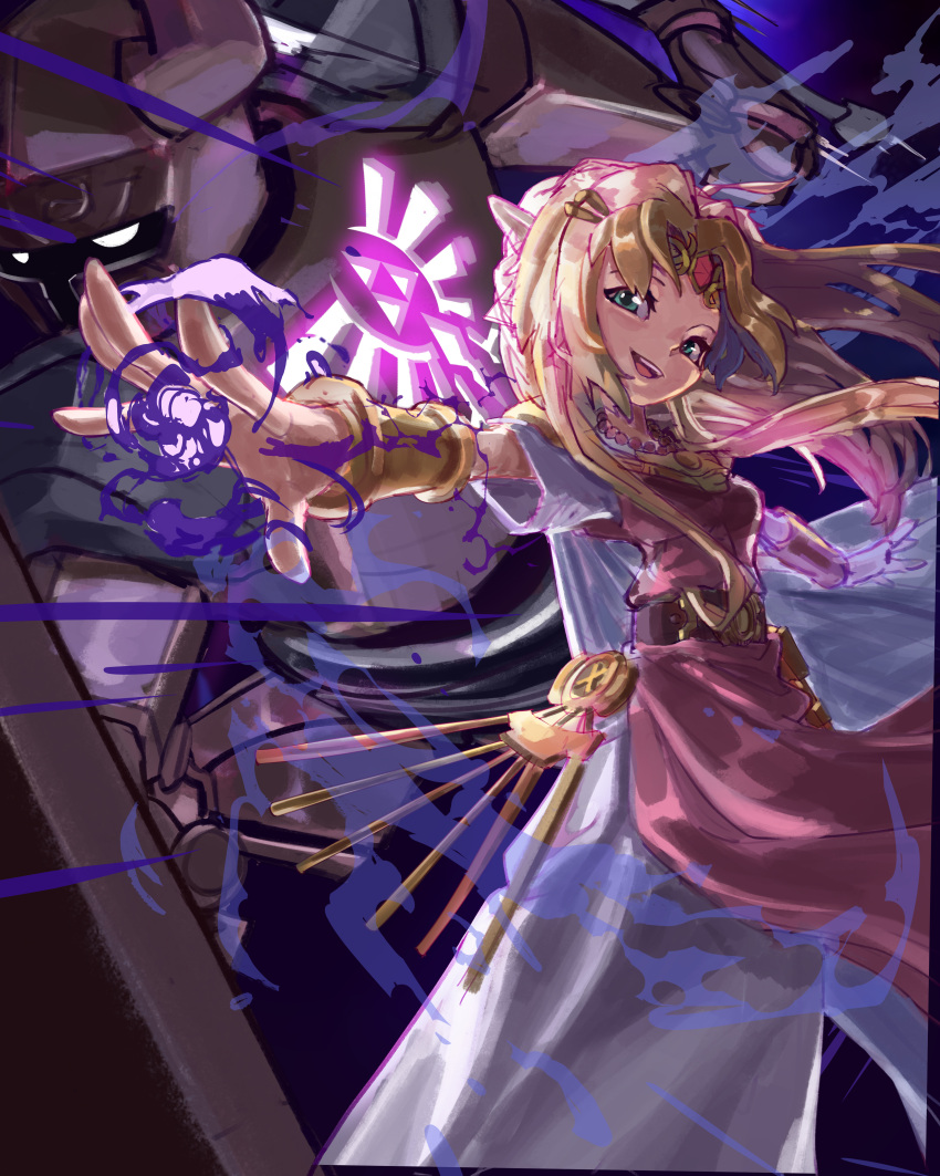 1girl, 1other, absurdres, armor, azoura, back-to-back, blonde_hair, blue_eyes