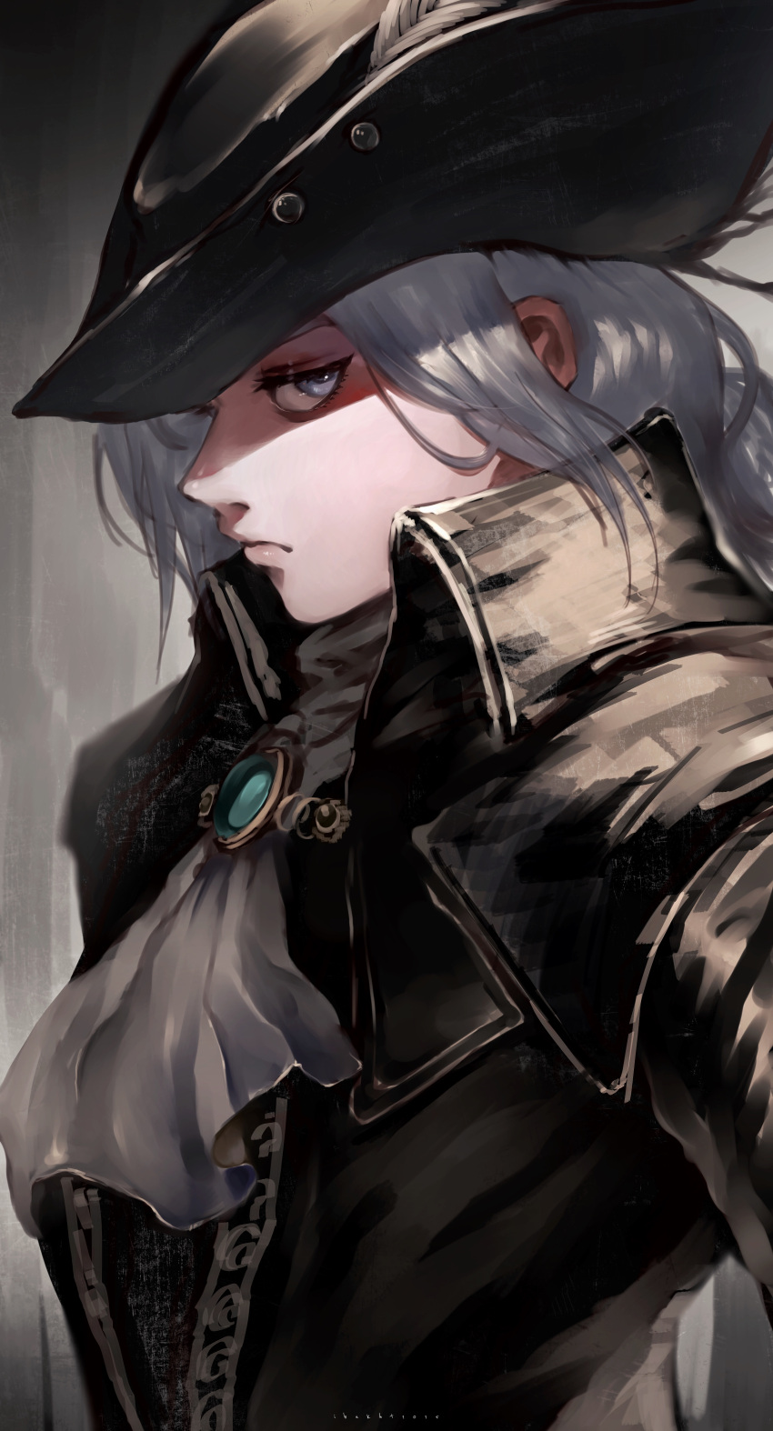 1girl, absurdres, bloodborne, brooch, commentary_request, cravat, densen_(itoguchi), grey_eyes