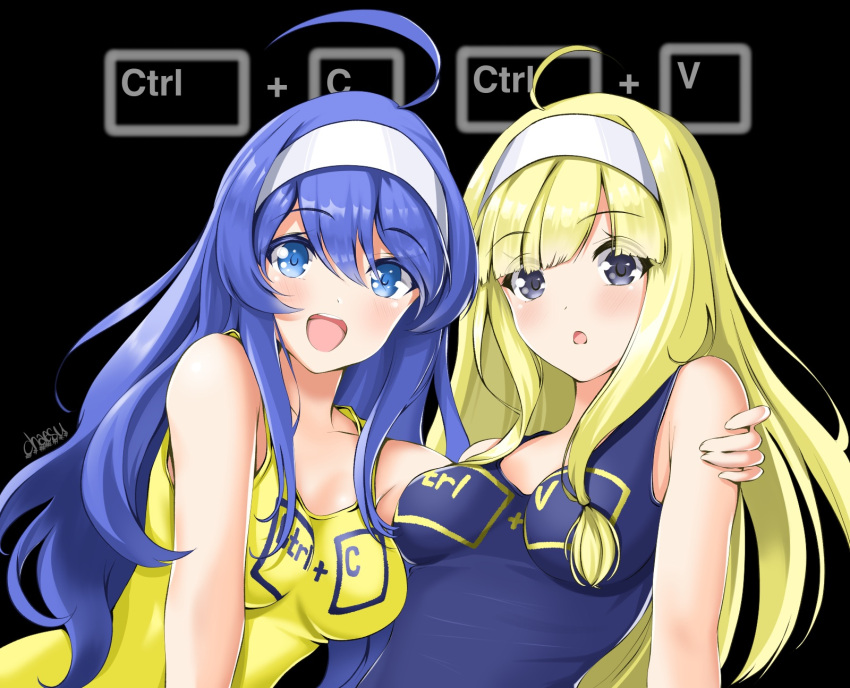 2girls, ahoge, arm_around_shoulder, blonde_hair, blue_dress, blue_eyes, blue_hair, blush