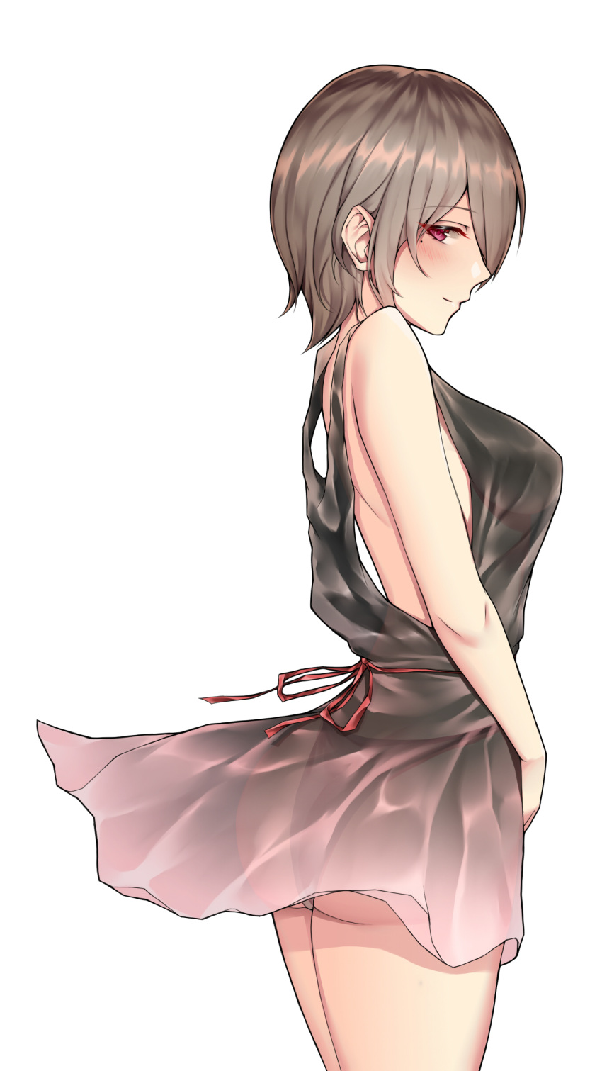 1girl, absurdres, ass, black_dress, black_panties, breasts, commentary_request, dress, from_side, highres, honkai_(series), honkai_impact_3rd, large_breasts, mole, mole_under_eye, panties, profile, red_eyes, red_ribbon, ribbon, rita_rossweisse, ruo_zhishi_chu_jian, see-through, short_dress, short_hair, smile, solo, underwear, white_background, wind, wind_lift