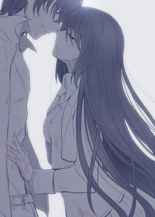 1boy, 1girl, amou_kirukiru, bangs, blood, bloody_clothes, bloody_hands, blush