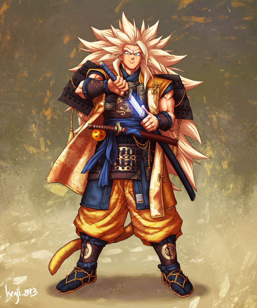 1boy, aqua_eyes, armor, artist_name, baggy_pants, blonde_hair, commentary, dragon_ball, dragon_ball_(object), dragon_ball_z, guillem_dauden, highres, japanese_armor, long_hair, looking_at_viewer, pants, samurai, sandals, serious, sheath, solo, son_gokuu, spiky_hair, super_saiyan_3, sword, unsheathing, very_long_hair, weapon