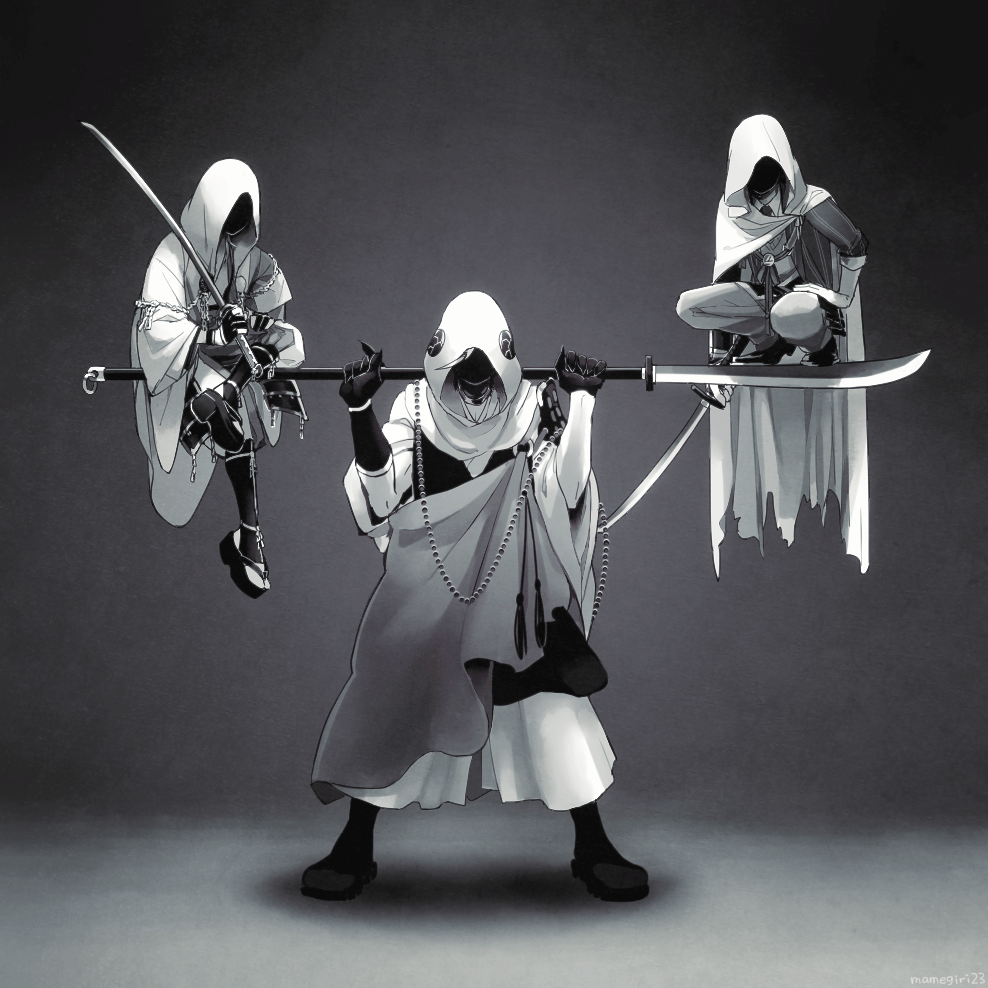 3boys, aiguillette, armor, asymmetrical_gloves, balancing, beads, boots, carrying_over_shoulder