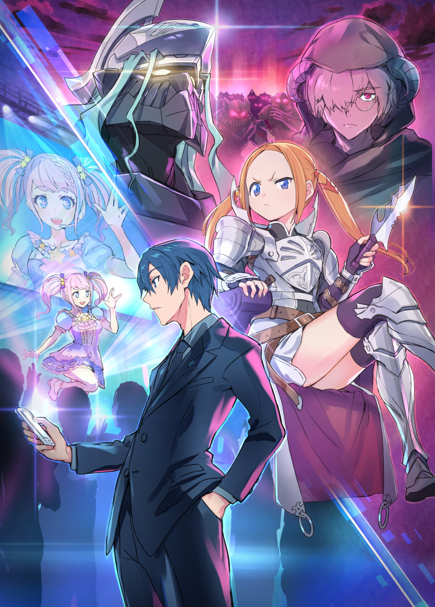 1girl, absurdres, armor, black_legwear, black_neckwear, black_suit, blue_eyes, blue_hair