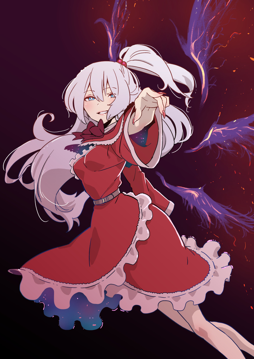 1girl, absurdres, arm_at_side, bare_legs, belt, black_background, blue_eyes, blush