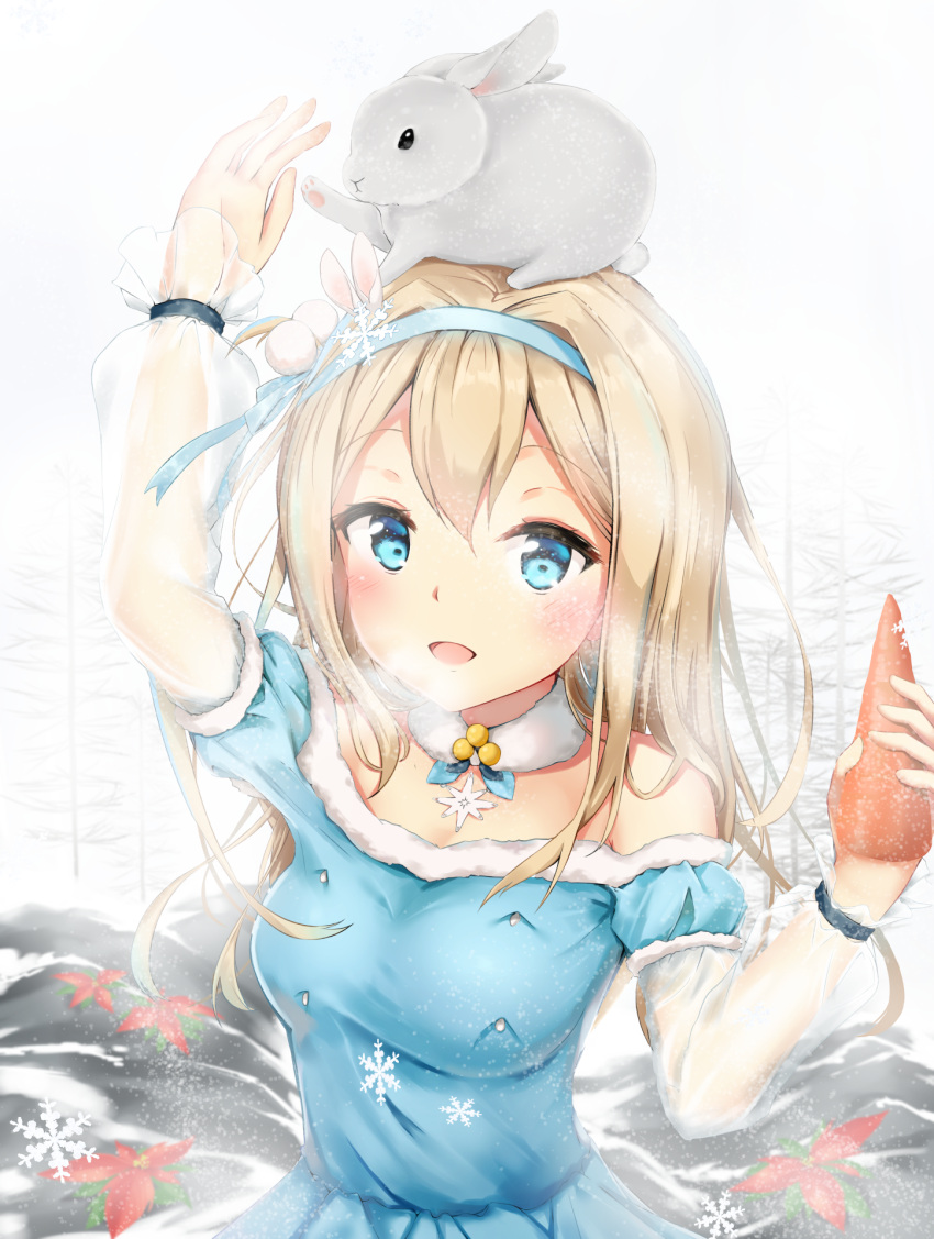 1girl, :d, animal, animal_on_head, bangs, bare_tree, blue_dress, blue_eyes