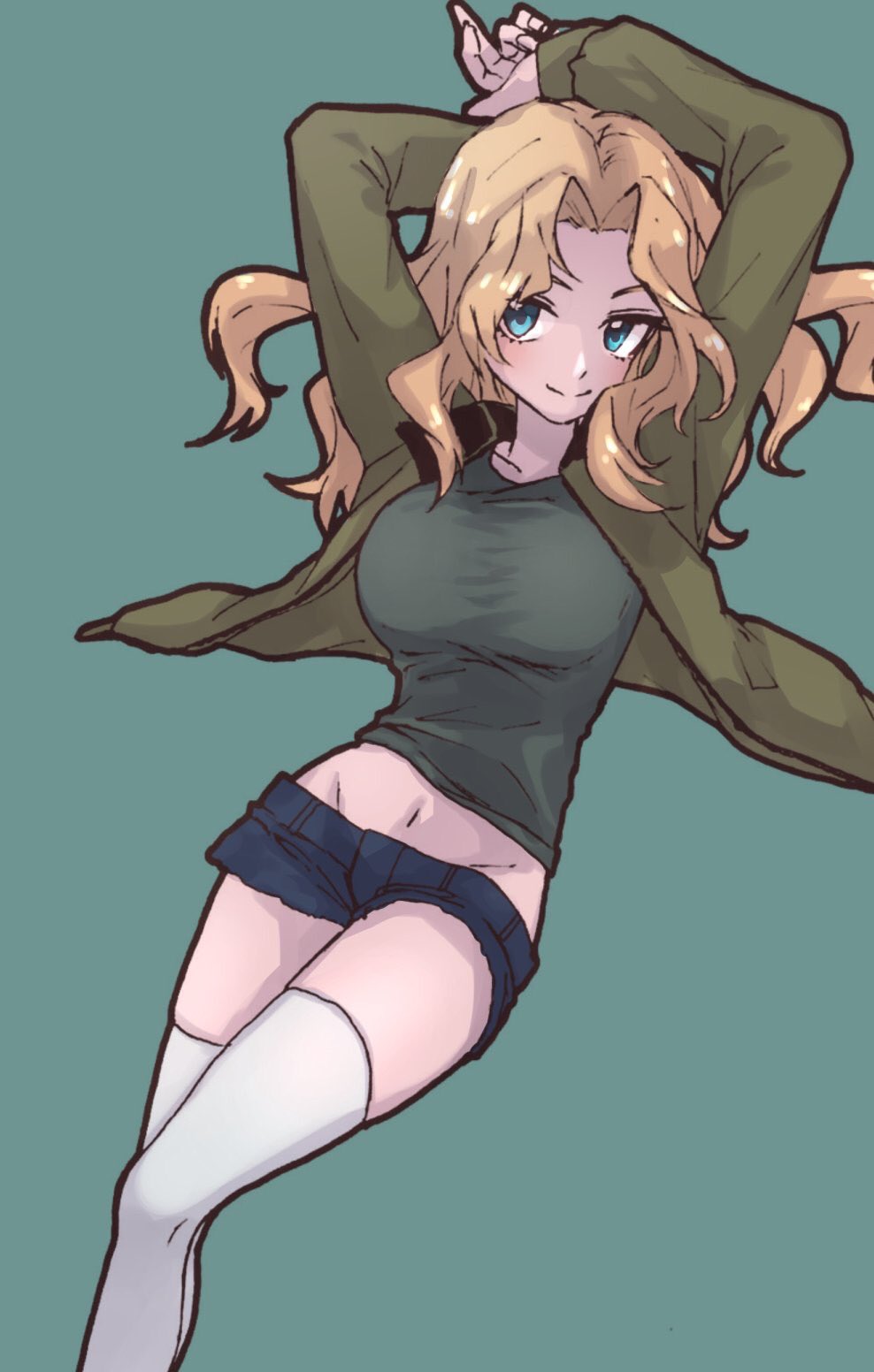 1girl, arms_up, blonde_hair, blue_sky, breasts, cutoffs, denim, denim_shorts, girls_und_panzer, green_background, green_eyes, groin, highres, jacket, kay_(girls_und_panzer), large_breasts, looking_at_viewer, met_tiger, midriff, navel, shorts, sky, smile, solo, thigh-highs, thighs