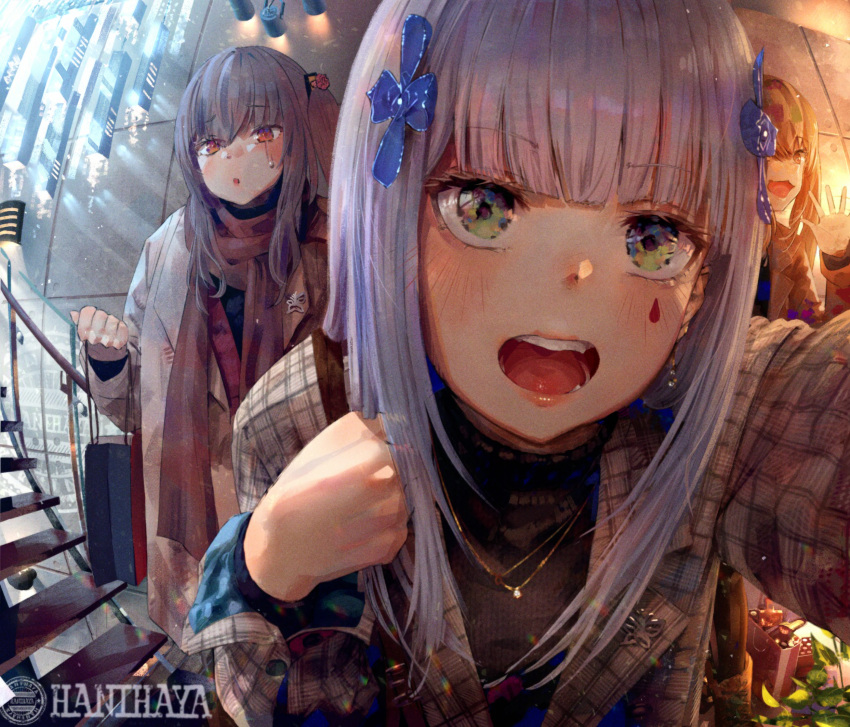3girls, :o, absurdres, artist_name, bag, bangs, blunt_bangs, boots