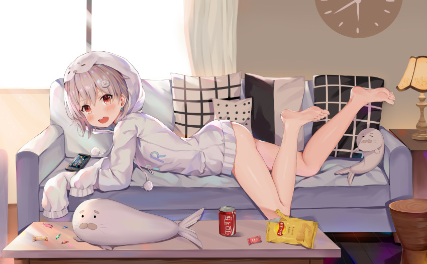 1girl, absurdres, animal_hood, ass, barefoot, can, candy_wrapper, clock