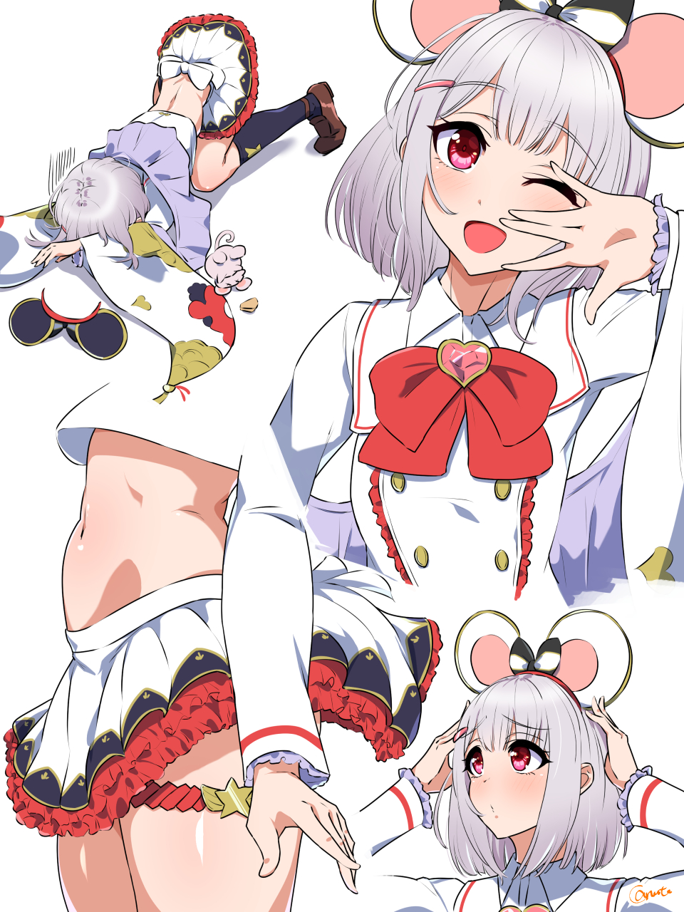 1girl, ;d, animal, animal_ears, arms_up, black_legwear, bow, bowtie