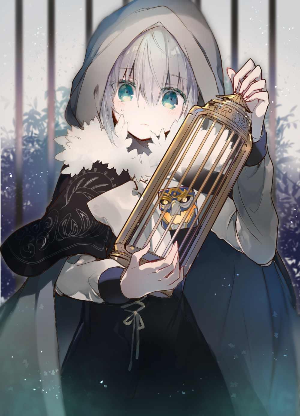 1girl, add_(lord_el-melloi_ii), bangs, blurry, blurry_background, blush, cage, cloak