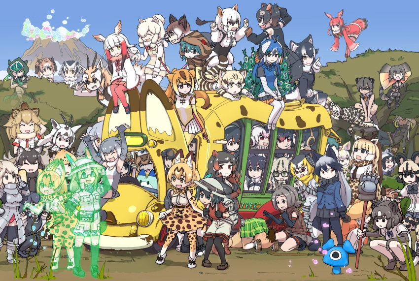 6+girls, :<, :d, ^_^, african_wild_dog_(kemono_friends), alpaca_ears, alpaca_suri_(kemono_friends), alpaca_tail
