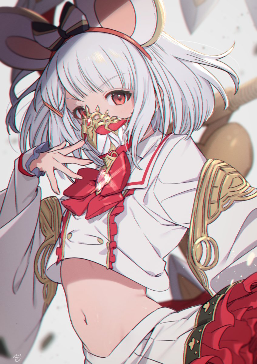 1girl, animal_ears, blurry, bow, bowtie, brooch, collared_shirt, commentary_request