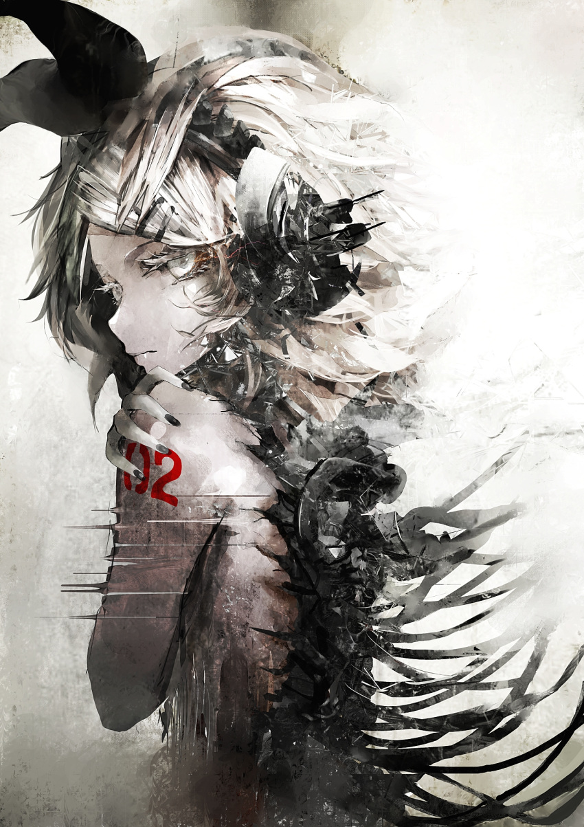 1girl, album_cover, android, black_nails, black_ribbon, cable, closed_mouth, commentary_request