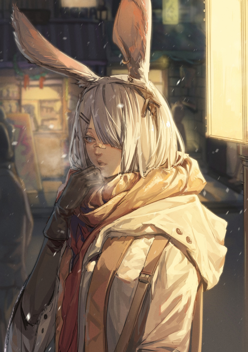 1girl, animal_ears, arknights, bandaid, bandaid_on_nose, banner, black_gloves, blurry
