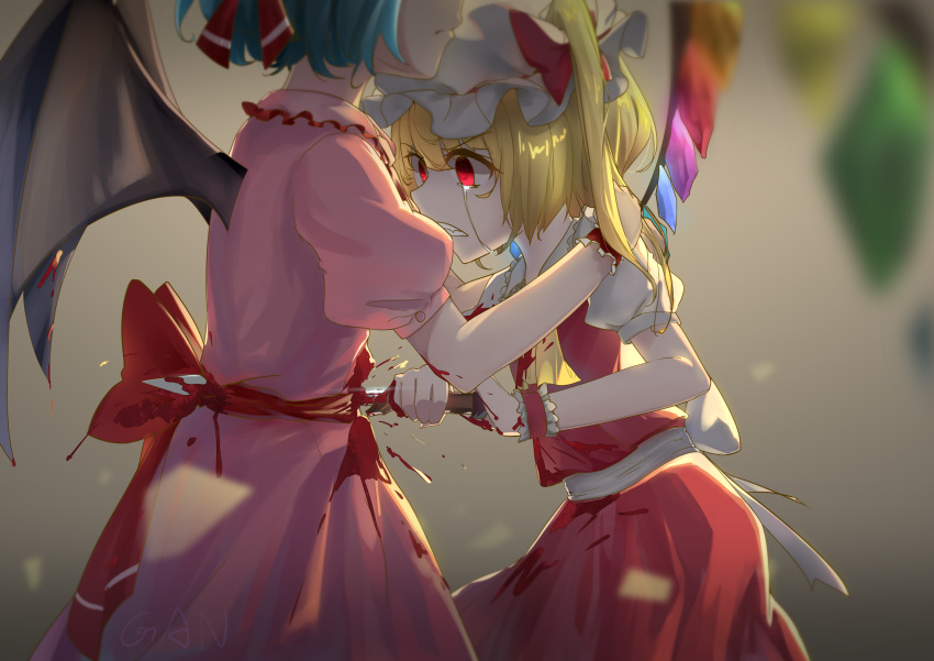 2girls, absurdres, arms_up, bat_wings, blonde_hair, blood, bloody_clothes, bloody_hands