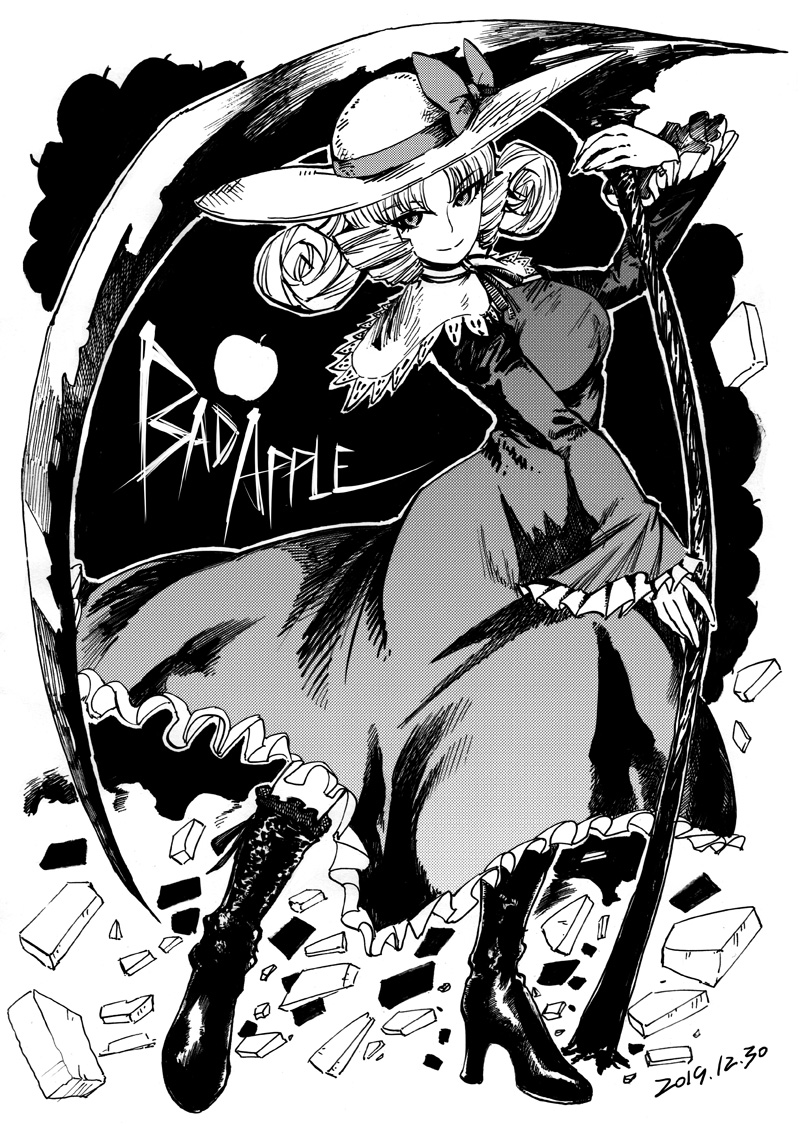 1girl, apple, bad_apple!!, black_footwear, blackcat_(pixiv), boots, bow, breasts, capelet, dated, dress, drill_hair, elly, english_text, eyebrows_visible_through_hair, food, frilled_boots, frilled_dress, frilled_sleeves, frills, fruit, greyscale, hat, hat_bow, high_heel_boots, high_heels, holding, holding_scythe, long_sleeves, looking_at_viewer, medium_hair, monochrome, scythe, smile, solo, standing, sun_hat, tiles, touhou, touhou_(pc-98)
