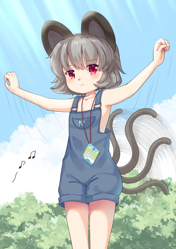 1girl, afterimage, animal_ears, armpits, bangs, clouds, cowboy_shot, day
