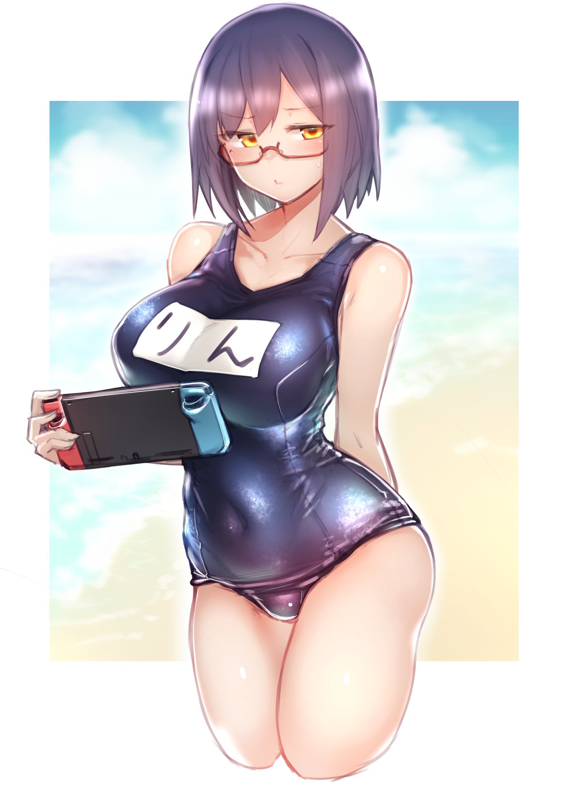 1girl, bare_shoulders, beach, blue_hair, blue_swimsuit, blush, breasts, character_name