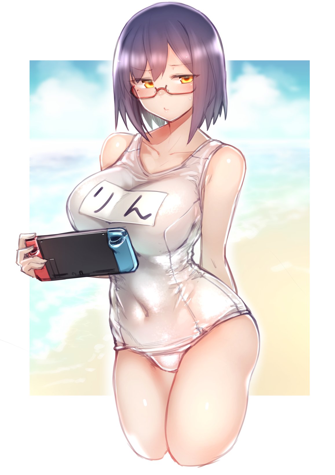 1girl, bare_shoulders, beach, blue_hair, blush, breasts, character_name, closed_mouth