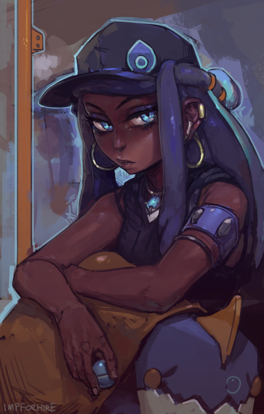 1girl, absurdres, aqua_hair, armband, armlet, bags_under_eyes, baseball_cap, blue_eyes