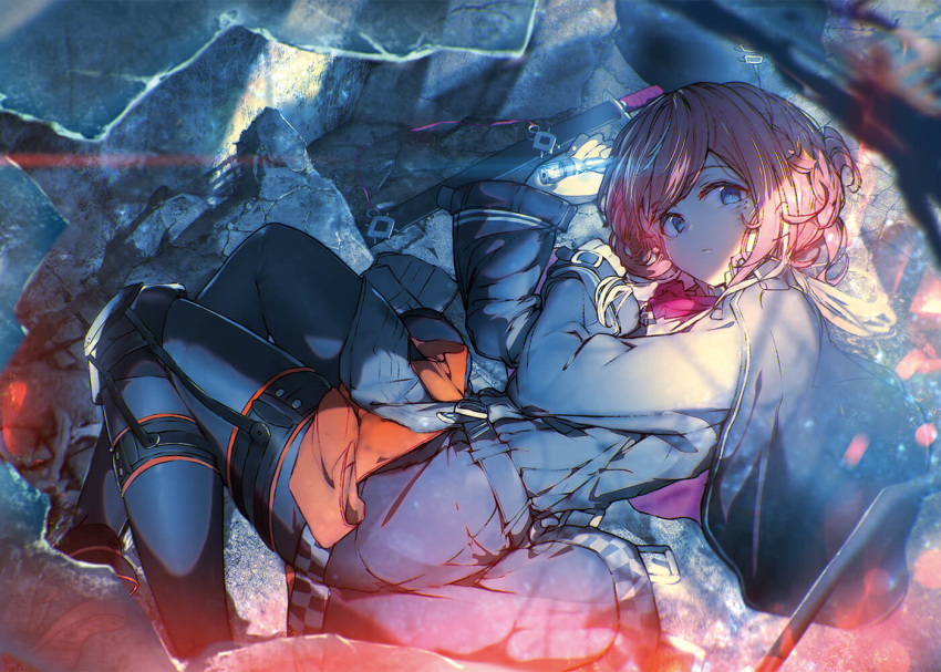 1girl, ampule, black_legwear, blue_eyes, capelet, enj!, gloves, leg_support