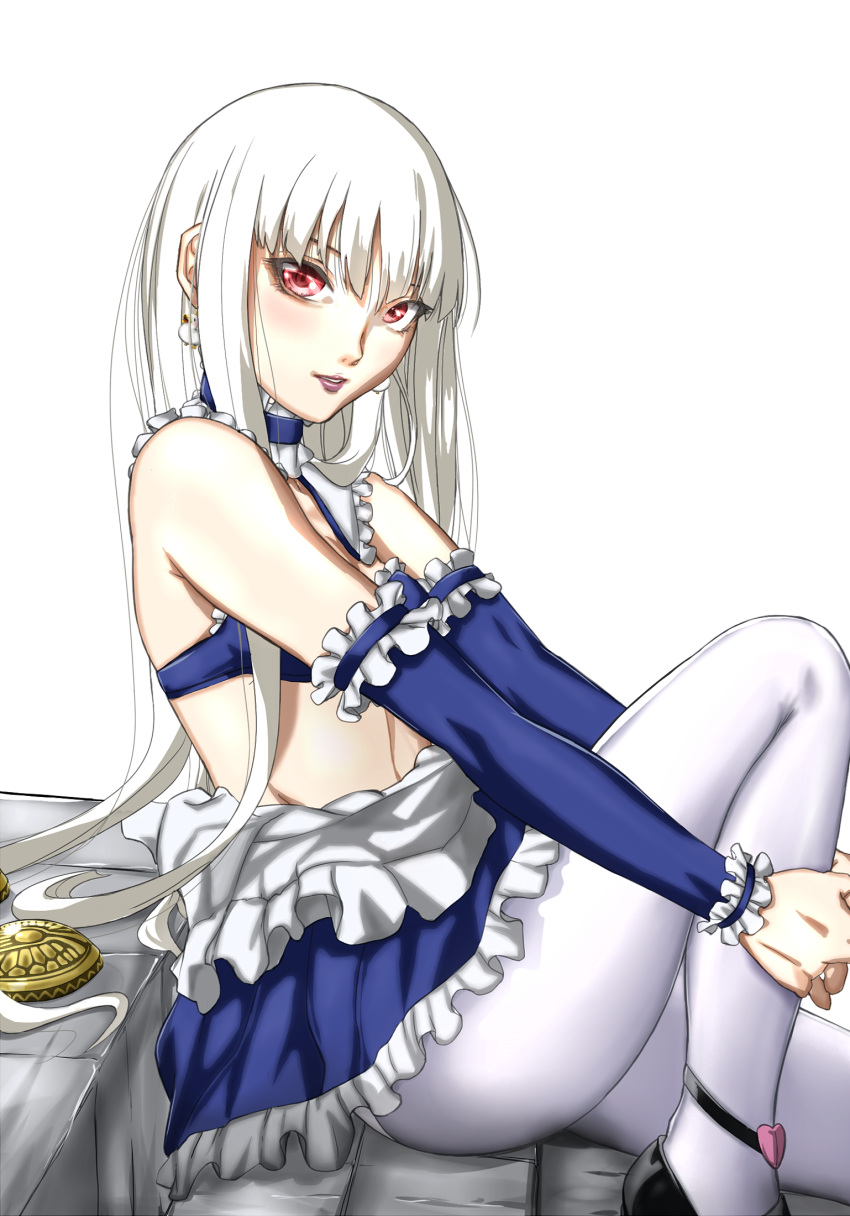 1girl, albino, alternate_legwear, auge_(akd), bra, capcom_fighting_jam, choker, commentary_request
