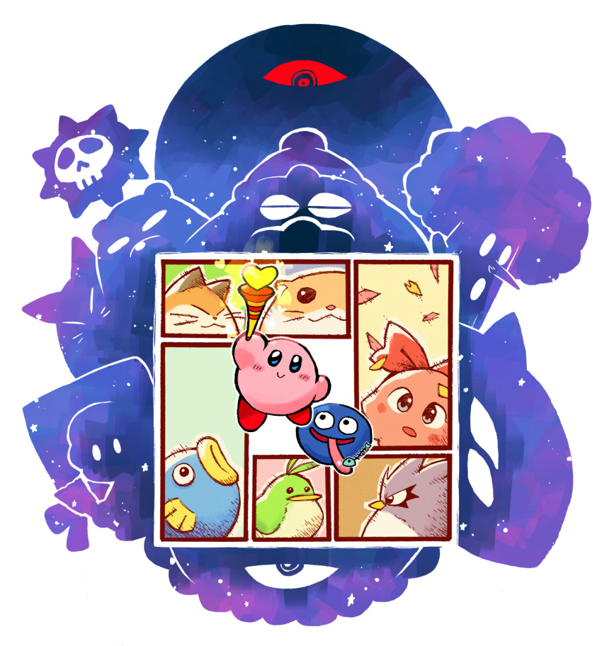 6+others, 90s, acro_(kirby), adeleine, ado, animal, autumn_leaves, bird, blue_eyes, cat, chuchu_(kirby), closed_eyes, con_(kirby), coo_(kirby), dark_matter, dark_matter_(specie), fish, fish_skeleton, fox, gooey, hal_laboratory_inc., hamster, highres, hoshi_no_kirby, hoshi_no_kirby_3, kine_(kirby), king_dedede, kirby, kirby's_dream_land_3, kirby_(series), kirby_(specie), mammal, nago_(kirby), nintendo, octopus, orca, owl, penguin, pink_puff_ball, pitch_(kirby), pon_(kirby), raccoon, rariatto_(ganguri), red_eyes, rick_(kirby), sea_creature, smile, star, tree, wand, whispy_woods, zero_(kirby)