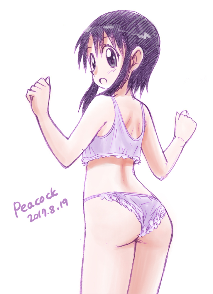 1girl, ass, azumanga_daioh, back, black_eyes, black_hair, blush, bra, commentary_request, cowboy_shot, dated, eyebrows_visible_through_hair, frilled_bra, frilled_panties, frills, from_behind, graphite_(medium), hands_up, kurosawa_minamo, lingerie, looking_back, open_mouth, panties, pantyshot, pantyshot_(standing), peacock_(p-location), short_hair, sidelocks, signature, simple_background, solo, standing, traditional_media, underwear, white_background