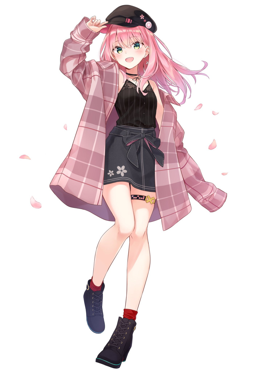 1girl, :d, arm_up, azuuru, bare_shoulders, black_footwear, black_headwear, black_shirt