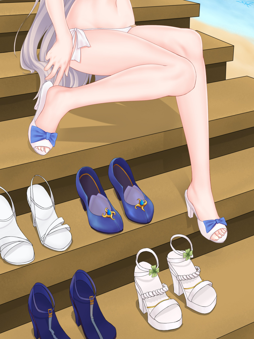 absurdres, bikini, blue_footwear, blue_ribbon, fingersmile, high_heels, highres, lazgear