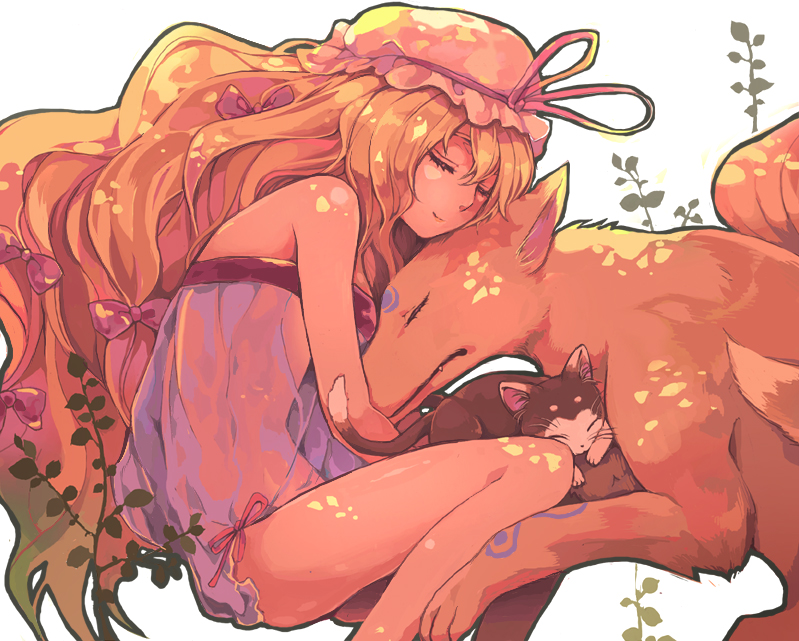 cat, chen, chen_(cat), fox, hair_ribbon, hair_ribbons, lingerie, long_hair, lovecom, negligee, ribbon, ribbons, see-through, sleeping, touhou, underwear, yakumo_ran, yakumo_ran_(fox), yakumo_yukari