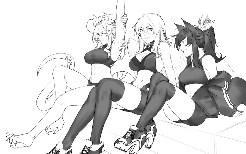 3girls, aiko_(less), animal_ears, arm_behind_head, arm_up, armpits, bangs, bare_shoulders