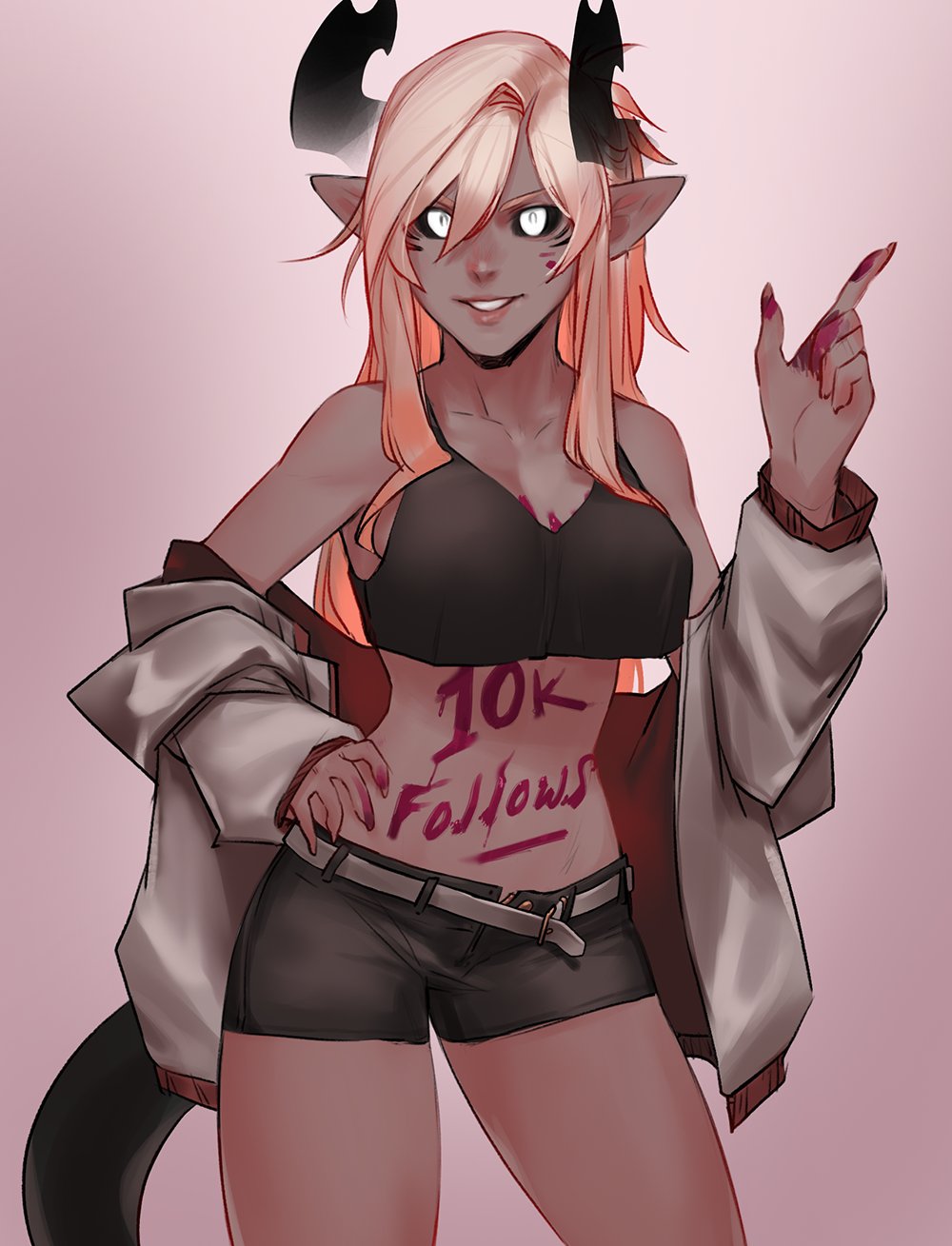 1girl, aiko_(less), bangs, bare_shoulders, belt, black_sclera, black_shorts, body_writing, collarbone, commentary, contrapposto, cowboy_shot, crop_top, dark_skin, english_commentary, facial_mark, followers, hair_between_eyes, hand_on_hip, highres, horns, index_finger_raised, jacket, less, long_hair, long_sleeves, looking_at_viewer, midriff, off_shoulder, orange_hair, original, paint, parted_lips, pink_background, pointy_ears, short_shorts, shorts, sidelocks, simple_background, smile, solo, tail, unbuttoned_shorts, v-shaped_eyebrows, white_belt, white_eyes
