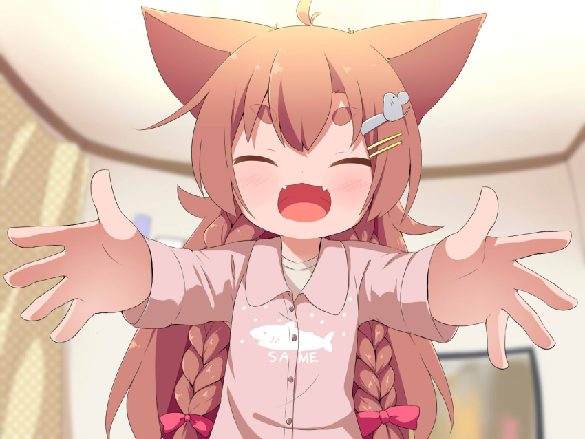 1girl, :d, ^_^, ahoge, animal_ears, bangs, blurry, blurry_background