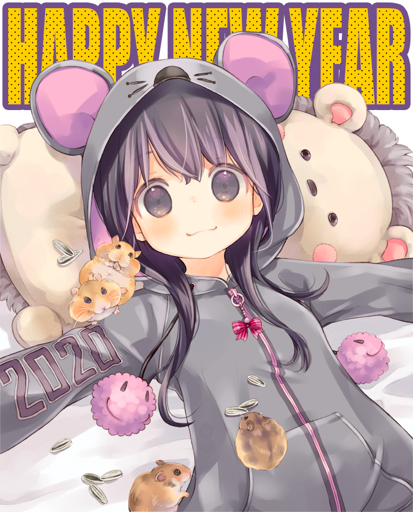 1girl, 2020, animal, animal_ears, animal_hood, bed_sheet, black_hair, blush, bow, chinese_zodiac, closed_mouth, commentary_request, fake_animal_ears, grey_eyes, grey_jacket, hamster, happy_new_year, hood, hood_up, hooded_jacket, jacket, kuga_tsukasa, long_hair, lying, mouse_ears, mouse_hood, new_year, on_back, original, outstretched_arms, seed, sidelocks, smile, solo, spread_arms, striped, striped_bow, sunflower_seed, upper_body, year_of_the_rat