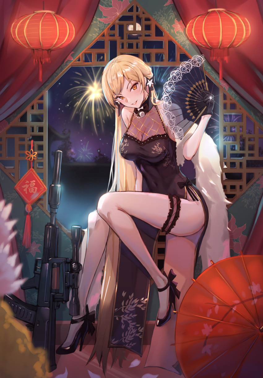 1girl, 2020, assault_rifle, bare_shoulders, black_dress, black_gloves, blonde_hair, breasts