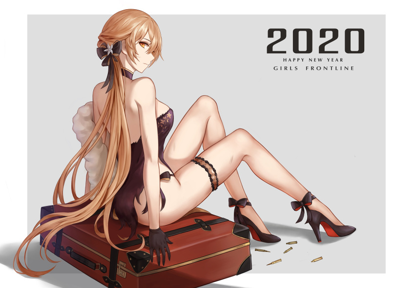 2020, ass, bag, bare_arms, bare_legs, bare_shoulders, black_bow, black_choker