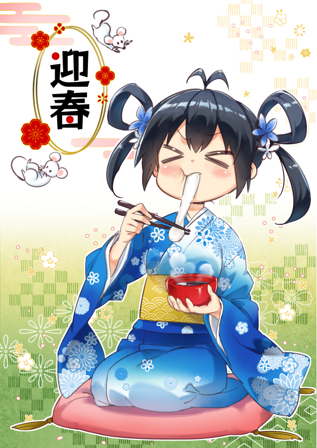 >_<, 1girl, antenna_hair, bangs, blue_kimono, blush, bowl, breasts