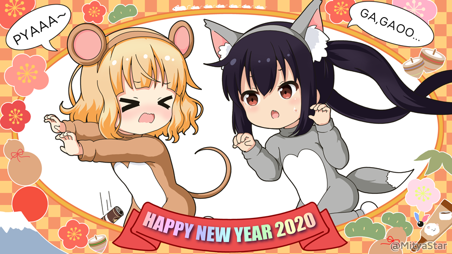>_<, 2020, 2girls, :o, animal_costume, animal_ear_fluff, animal_ears, bangs